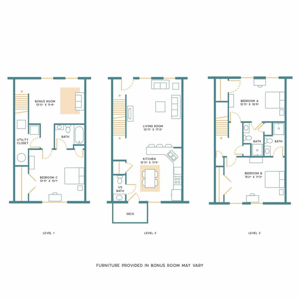 A 3D image of the 3BR/3.5BA – Unfurnished – C floorplan, a 1700 squarefoot, 3 bed / 3.5 bath unit