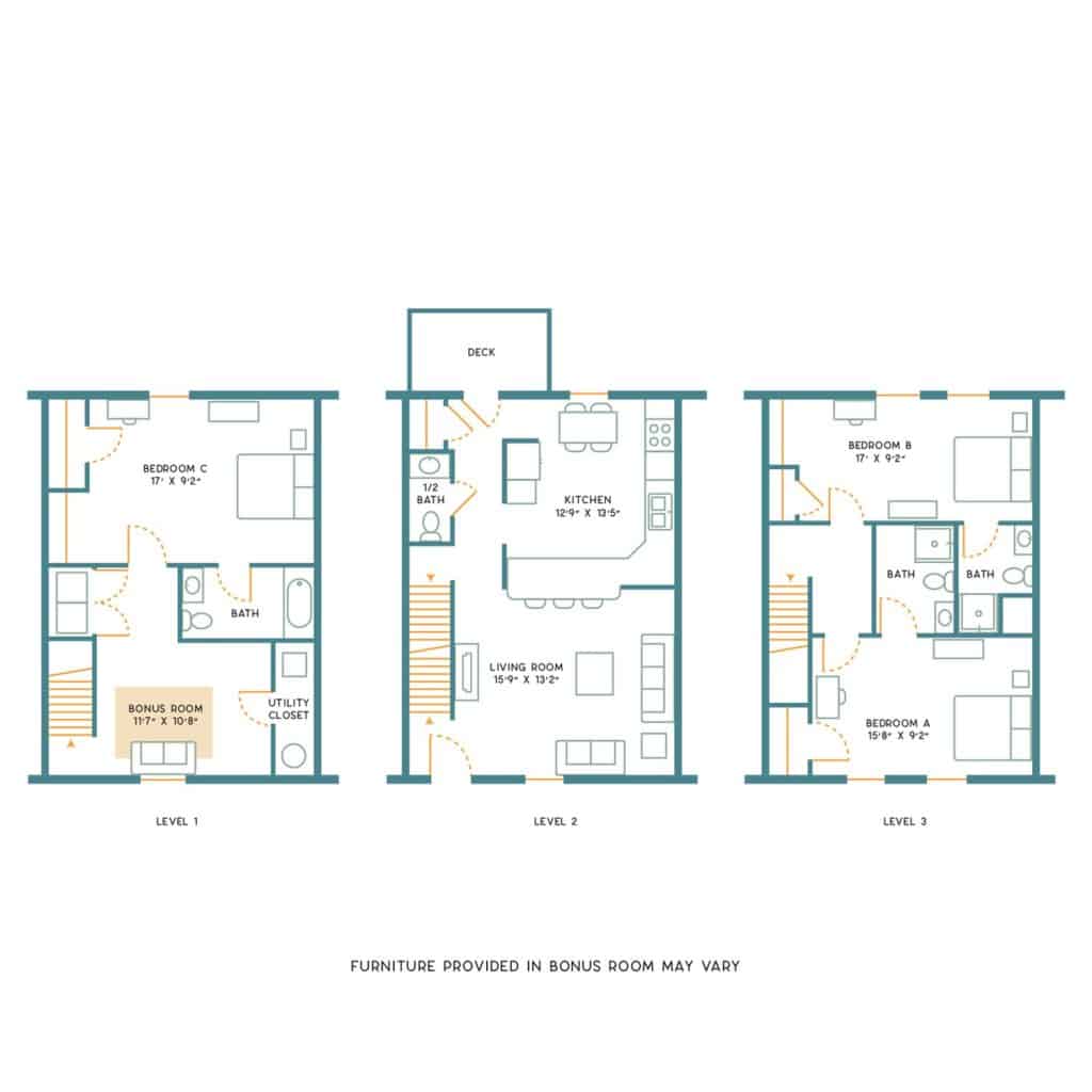 A 3D image of the 3BR/3.5BA – Unfurnished – B floorplan, a 1700 squarefoot, 3 bed / 3.5 bath unit