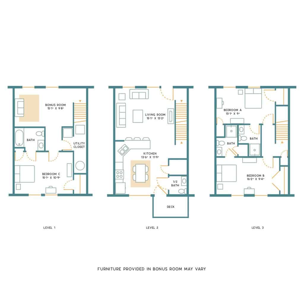 A 3D image of the 3BR/3.5BA – Furnished – B floorplan, a 1700 squarefoot, 3 bed / 3.5 bath unit