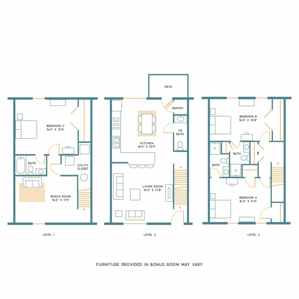 A 3D image of the 3BR/3.5BA – Standard – Unfurnished floorplan, a 1750 squarefoot, 3 bed / 3.5 bath unit