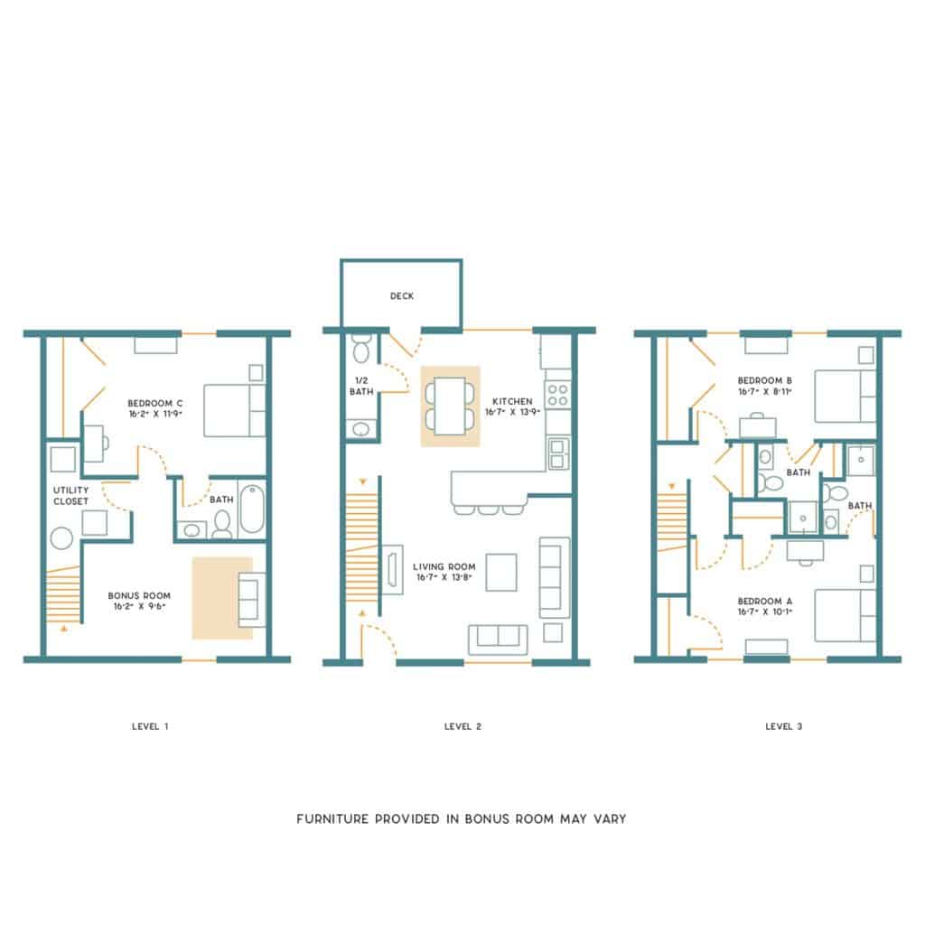 A 3D image of the 3BR/3.5BA – Large – Furnished floorplan, a 2000 squarefoot, 3 bed / 3.5 bath unit