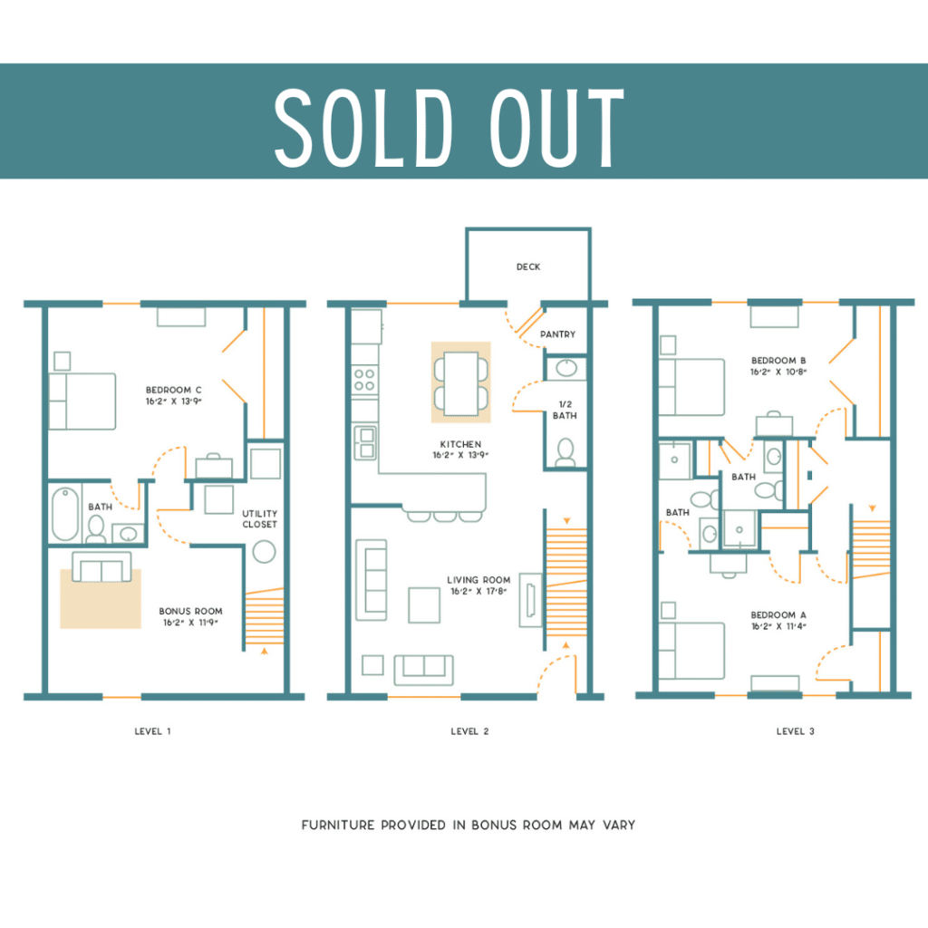 A 3D image of the 3BR/3.5BA – Upgraded Furnished – C floorplan, a 1700 squarefoot, 3 bed / 3.5 bath unit