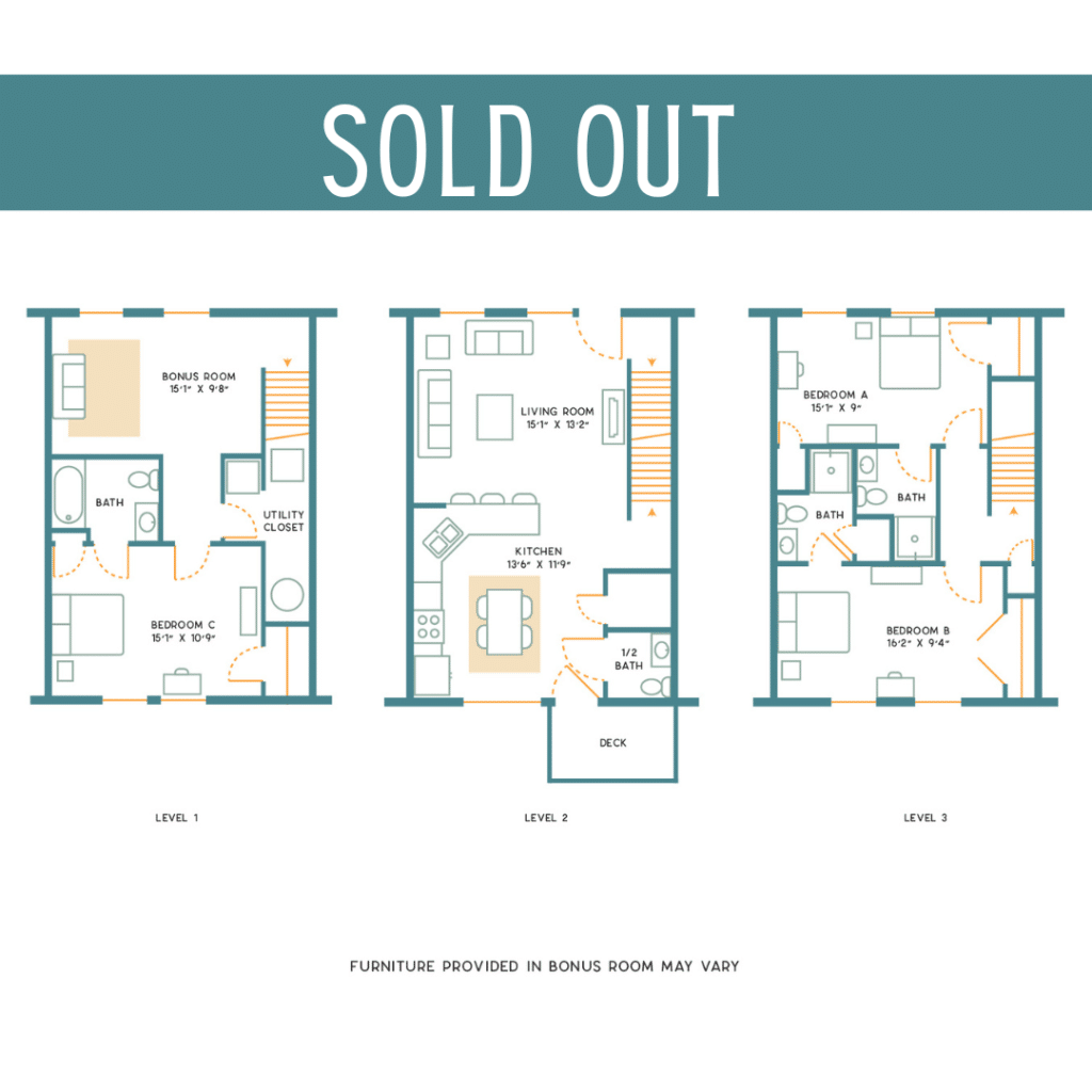 A 3D image of the 3BR/3.5BA – Upgraded Unfurnished – B floorplan, a 1700 squarefoot, 3 bed / 3.5 bath unit