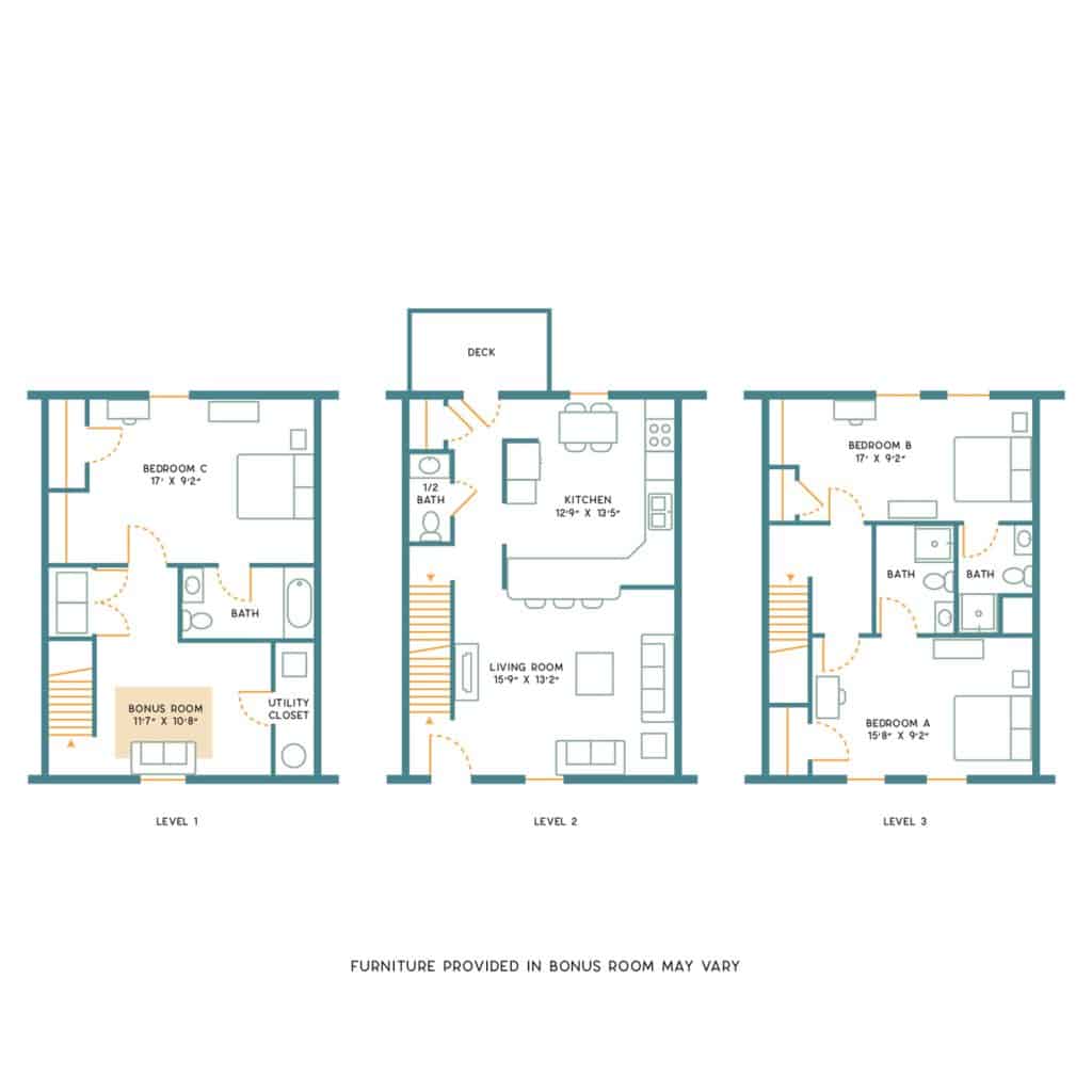 A 3D image of the 3BR/3.5BR – Furnished – B floorplan, a 1700 squarefoot, 3 bed / 3.5 bath unit