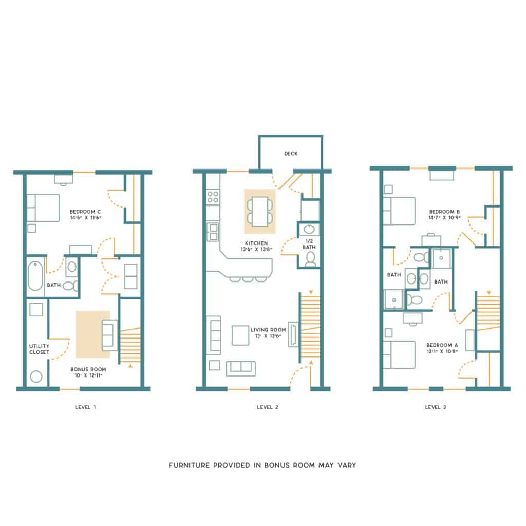 A 3D image of the 3BR/3.5BR – Furnished – C floorplan, a 1700 squarefoot, 3 bed / 3.5 bath unit