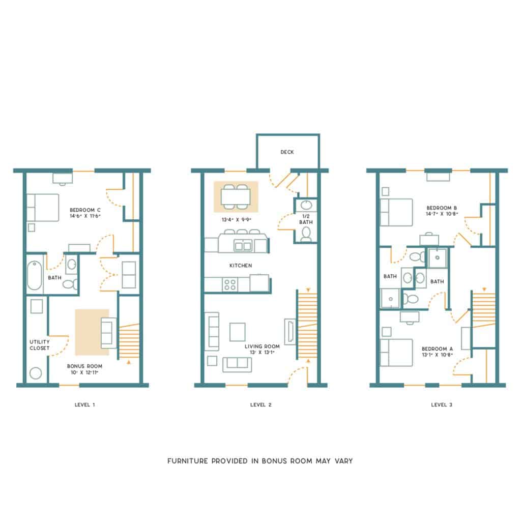 A 3D image of the 3BR/3.5BR – Unfurnished – C floorplan, a 1700 squarefoot, 3 bed / 3.5 bath unit