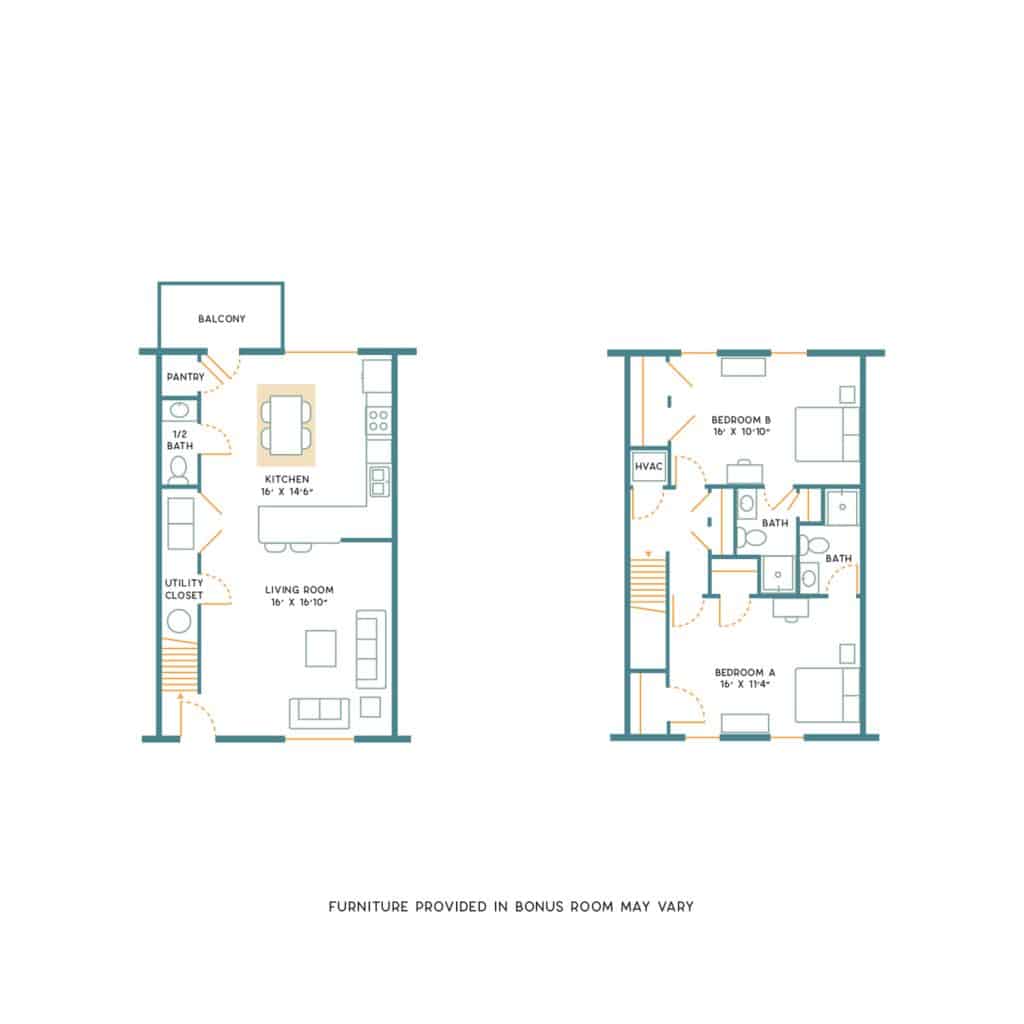 A 3D image of the 2BR/2.5BA – Furnished floorplan, a 1100 squarefoot, 2 bed / 2.5 bath unit