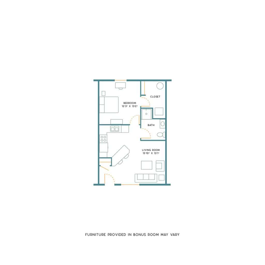 A 3D image of the 1BR/1BA – Furnished floorplan, a 650 squarefoot, 1 bed / 1 bath unit