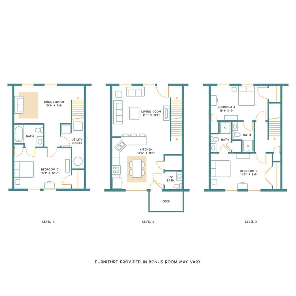 A 3D image of the 3BR/3.5BA – Unfurnished – B floorplan, a 1700 squarefoot, 3 bed / 3.5 bath unit