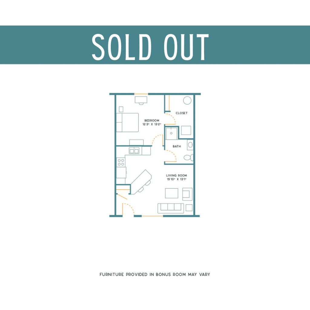 A 3D image of the 1BR/1BA – Furnished floorplan, a 650 squarefoot, 1 bed / 1 bath unit